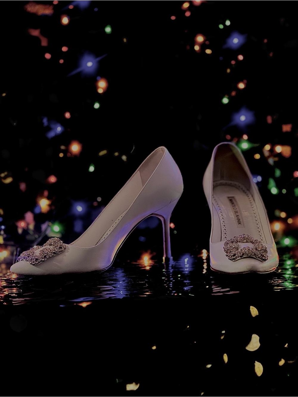 Manolo Blahnik White Crystal-Buckle Satin Pumps